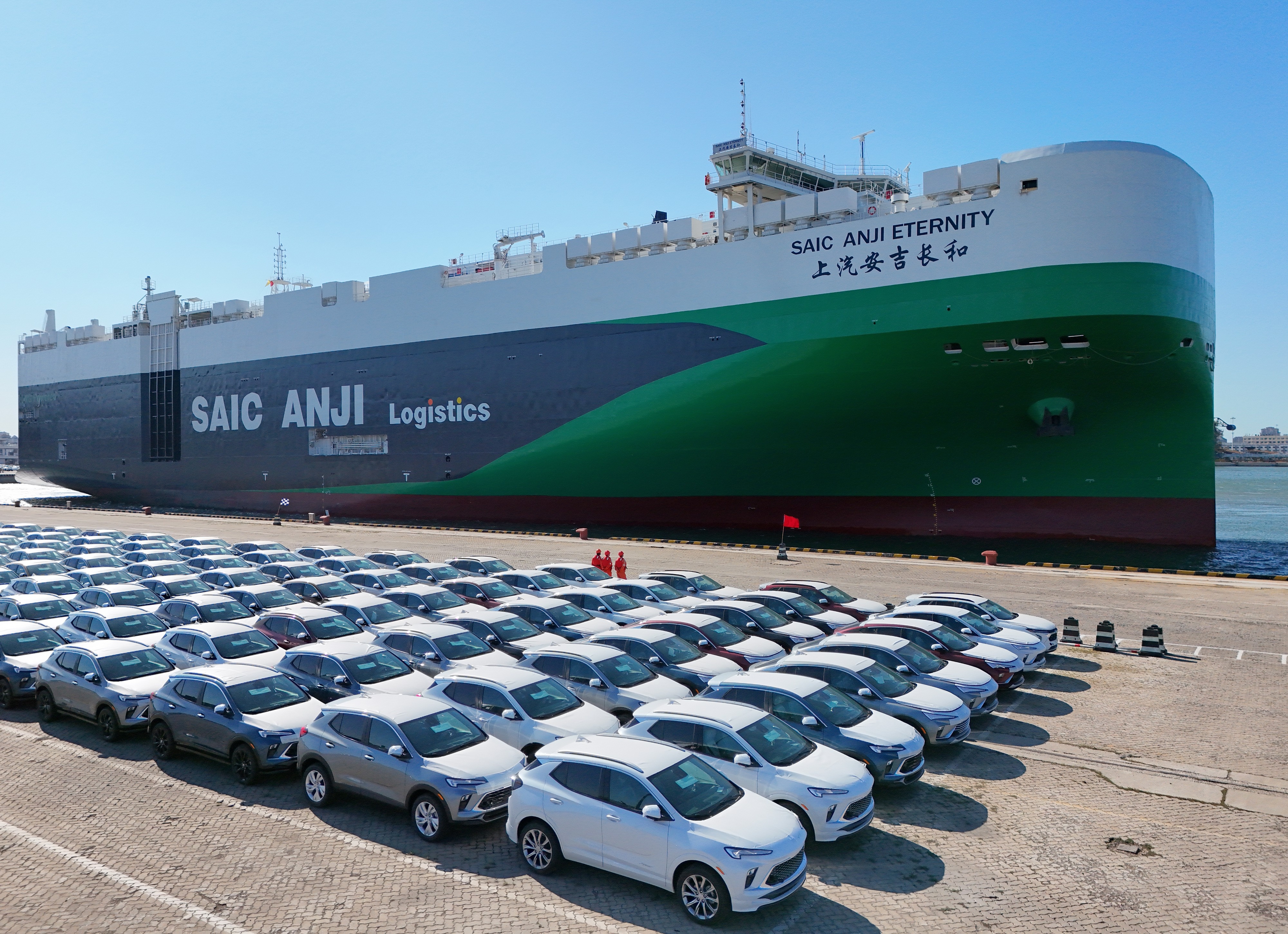 Saic Anji Eternity, a clean energy ship built by China’s domestic automakers, arrives from the shipyard to load cars for export at Yantai Port in Yantai, Shandong province, China, on May 15, 2024. Image: Getty Images