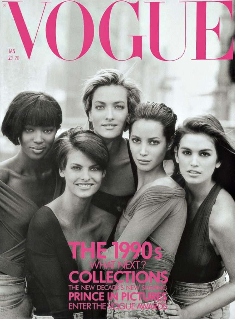 Peter Lindbergh photographed Cindy Crawford and fellow supers Naomi Campbell, Tatjana Patitz, Christy Turlington and Linda Evangelista for the cover of the January 1990 issue of British Vogue. Photo: Vogue