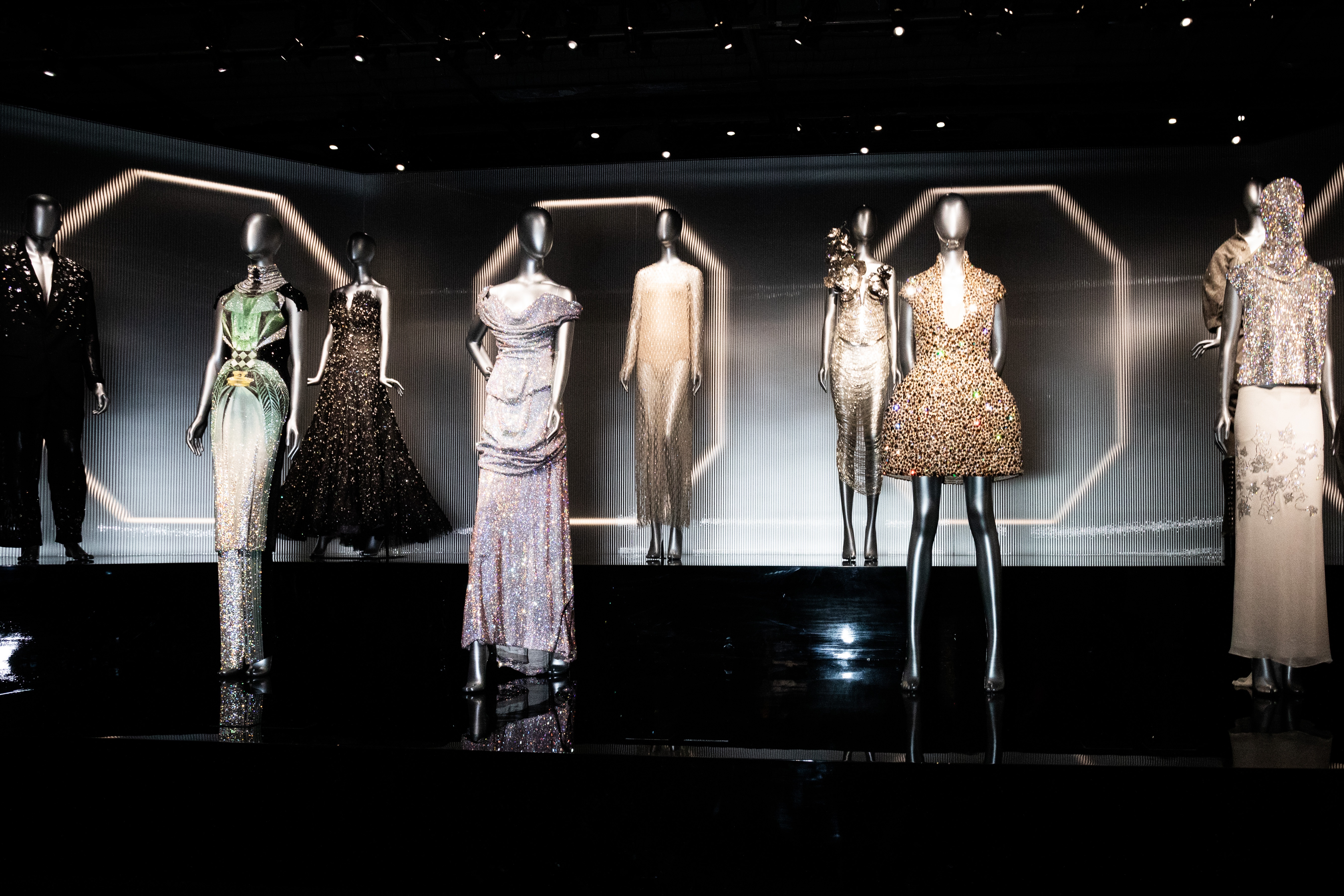 A display of high fashion collaborations in the brand's 'Masters of Light' exhibition in Shanghai. Image: Swarovski