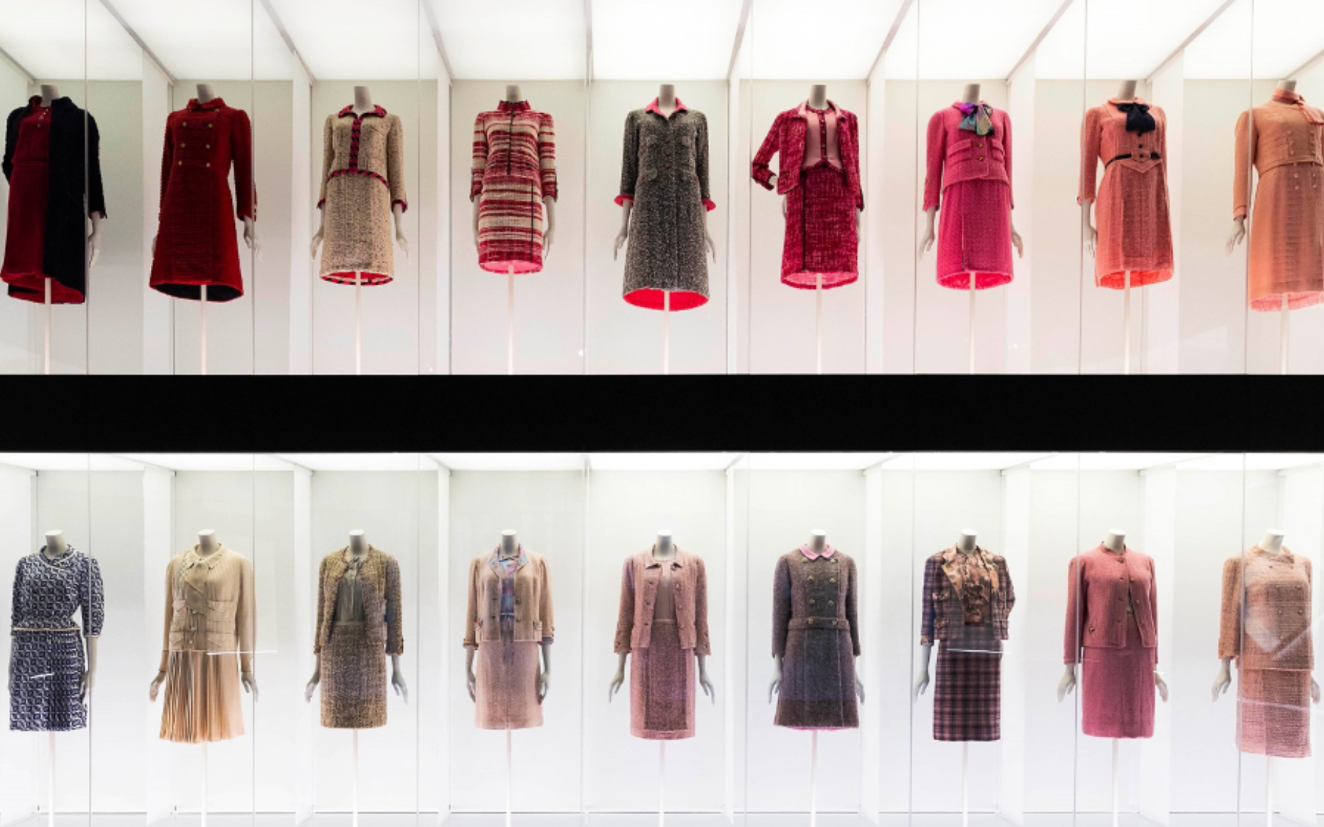 An evolution of Chanel tweeds at Gabrielle Chanel: Fashion Manifesto at the Victoria & Albert Museum. Image courtesy of the Victoria & Albert Museum