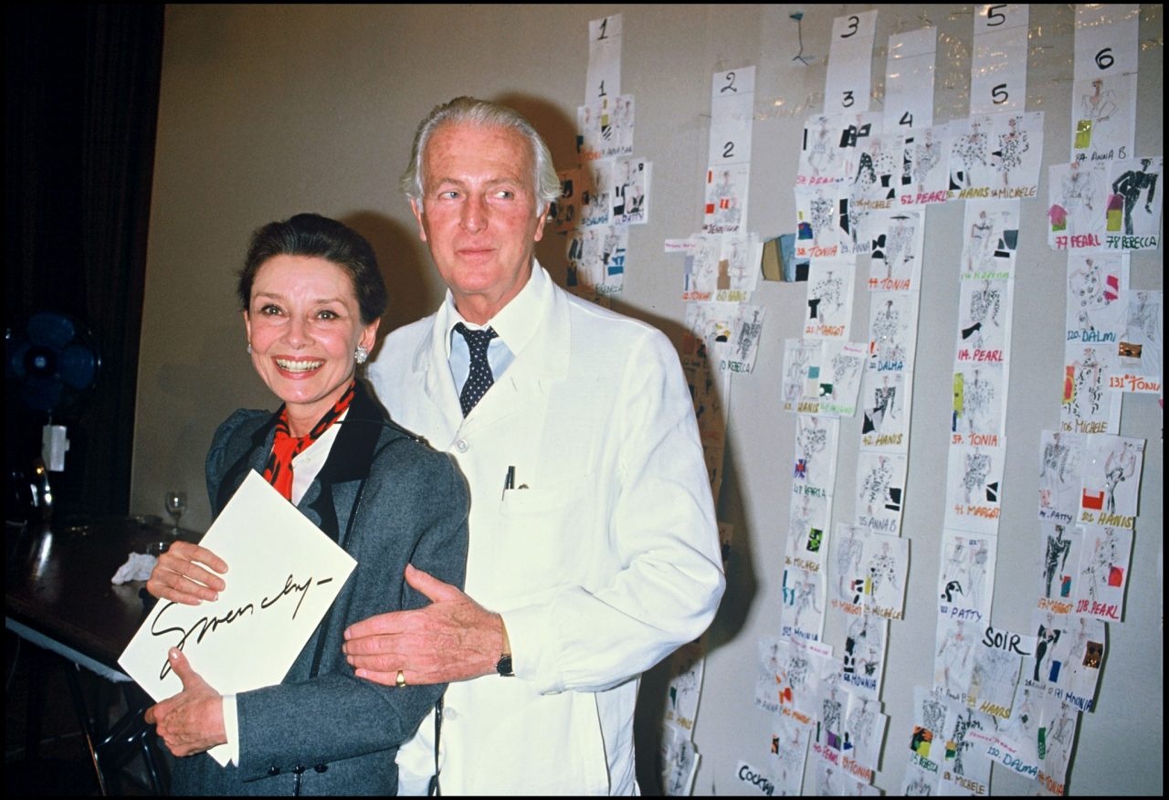 Hubert de Givenchy presenting his 1986 Summer Collection alongside Audrey Hepburn. Photo: VCG