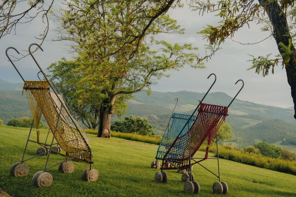 Artwork Stallers by Nari Ward in the Tuscan countryside grounds of the Castelo di Casole, part of the Mitico project. Image: Belmond