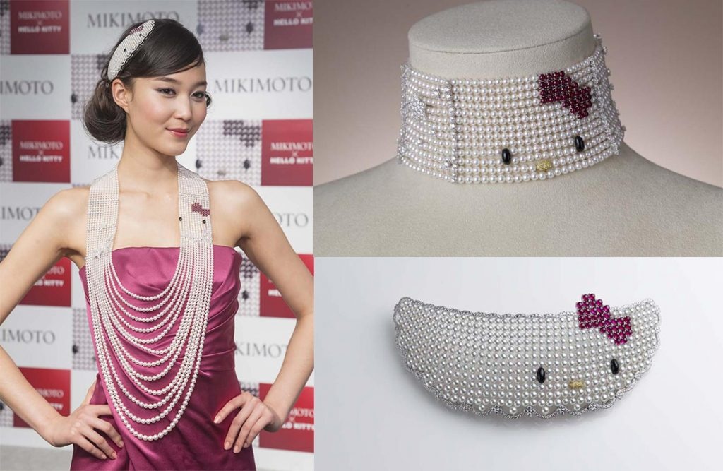 Mikimoto's Hello Kitty collection, released in 2014, included a 12-strand Akoya pearl necklace and a ruby and diamond-set hair clasp. Photo: Mikimoto/The Jewellery Editor.