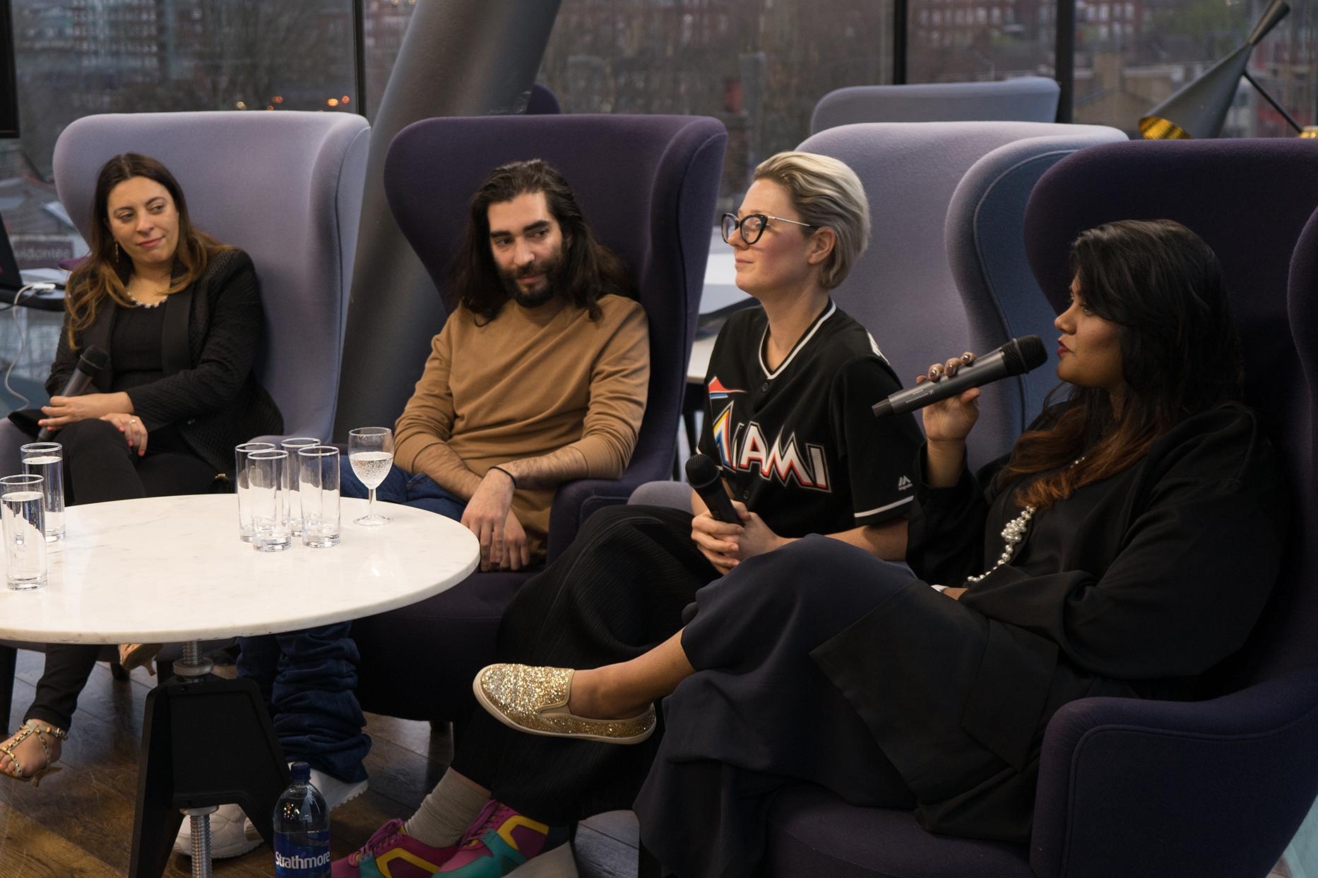 Designer Golan Frydman of Fyodor Golan (second left), fashion tech innovator Brooke Roberts-Islam (second right), Francesca Rosella the creative director of CuteCircuit (first left), and Fashion Enterprise’s Ishwari Thopte (first right) spoke at a panel discussion on how technology affects the global luxury and fashion industry. (Courtesy Photo)