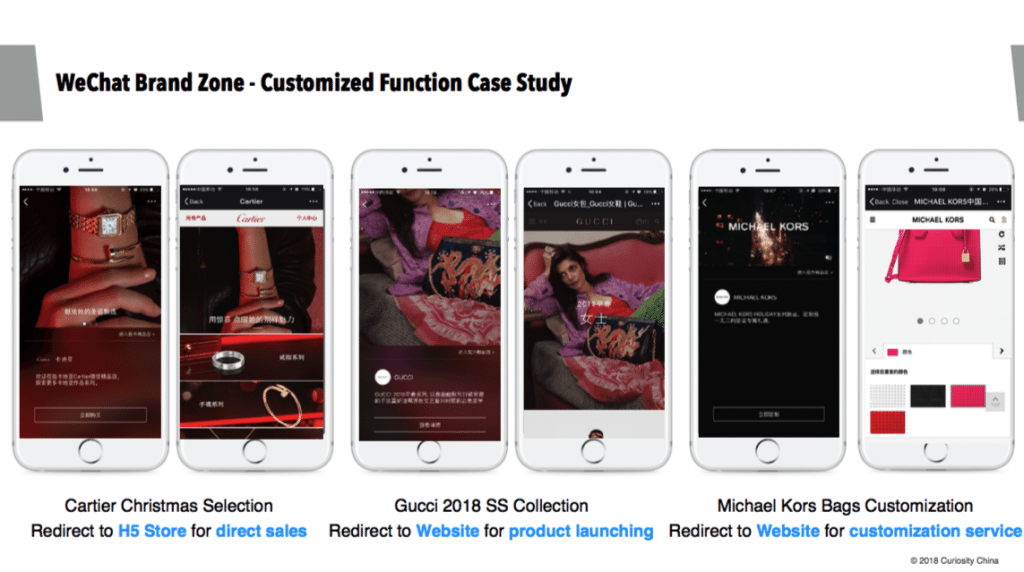As an early adopter of the brand zone function, Cartier uses it to direct traffic to its WeChat web browser stores.