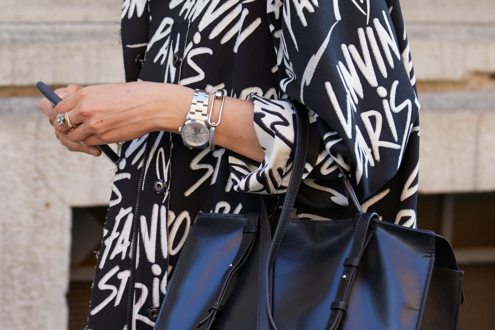 A woman in a Lanvin jacket during Milan Fashion Week, June 18, 2017. Photo: Shutterstock