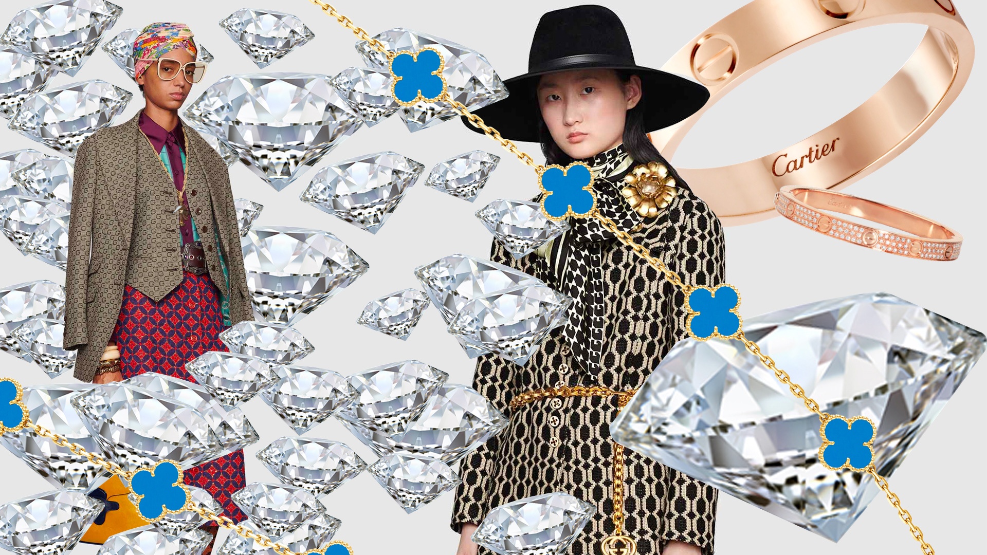 In luxury, the future is female. The jewelry subsegment should see a shift to self-purchasing and impulse purchasing, making branded luxury jewelry shine. Credit: Shutterstock, Gucci, Cartier, Van Cleef