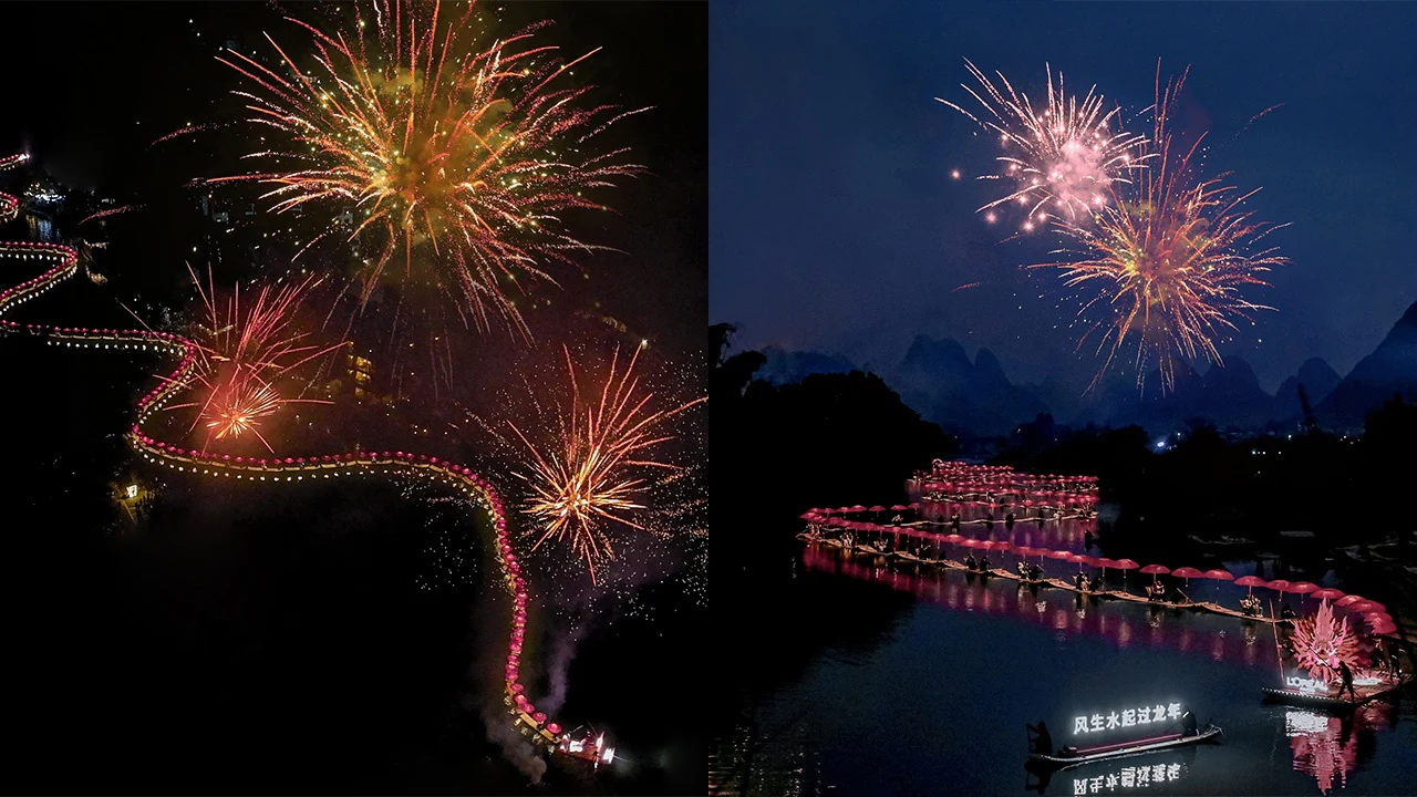 L'Oréal Paris’ epic pink dragon raft parade and fireworks display illuminates the Yulong River in Yangshuo. Image: L'Oréal Paris