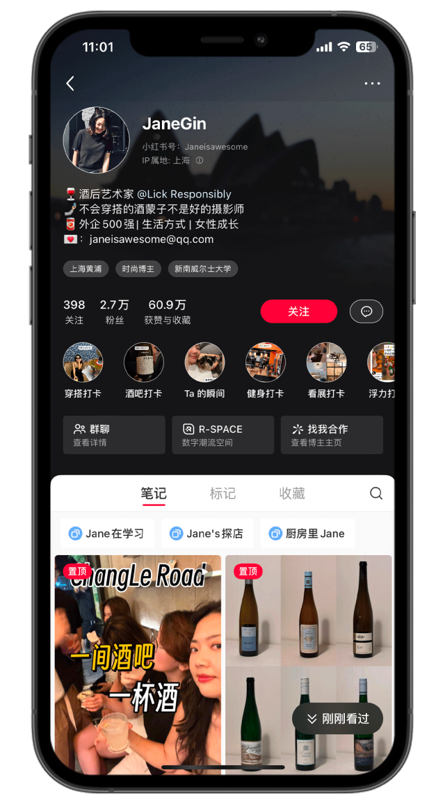 小红书酒类博主@JaneGin 主页 图片来源：小红书截图
