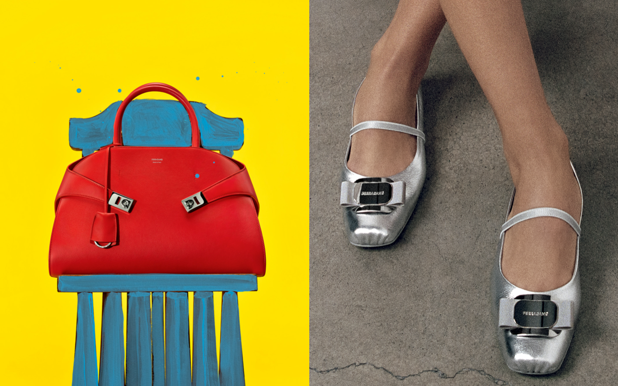 The Hug bag in Ferragamo red, left, and silver Ballerina flats are among the new products featured in the short films. Image: Ferragamo