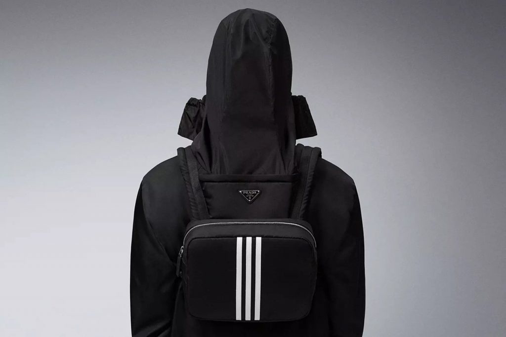 Prada incorporates Adidas’ signature stripes into its nylon pieces. Photo: Prada x Adidas