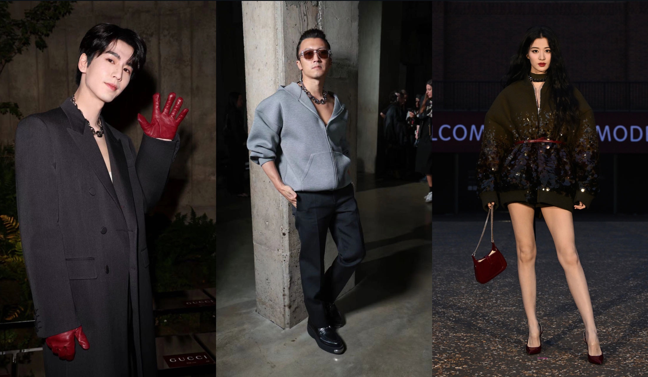 Greater China celebrities at Gucci Cruise 2025: Zhang Linghe, Nicholas Tse and Wang Churan (left to right). Images: Gucci.
