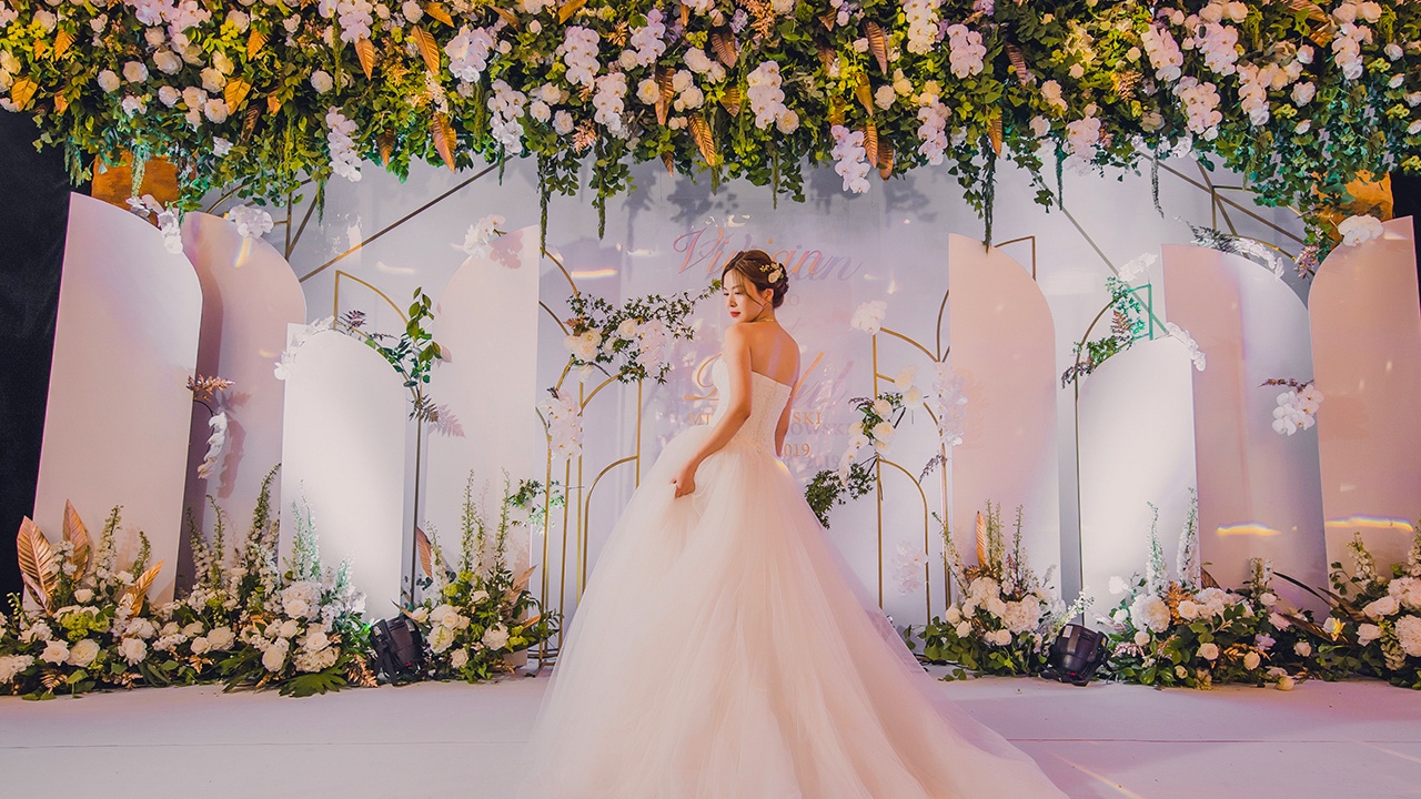 Bride Vivian Bao in her Pronovias dress purchased from Brides do Good. Photo: Courtesy of Vivian Bao