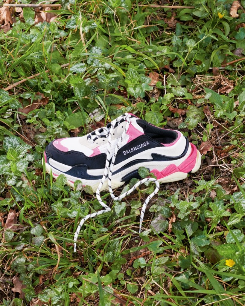 A new take on the iconic chunky sneaker for Spring/Summer, Triple S Mules come in limited-edition colorways for 520, with hints of pink and red. Photo: Balenciaga