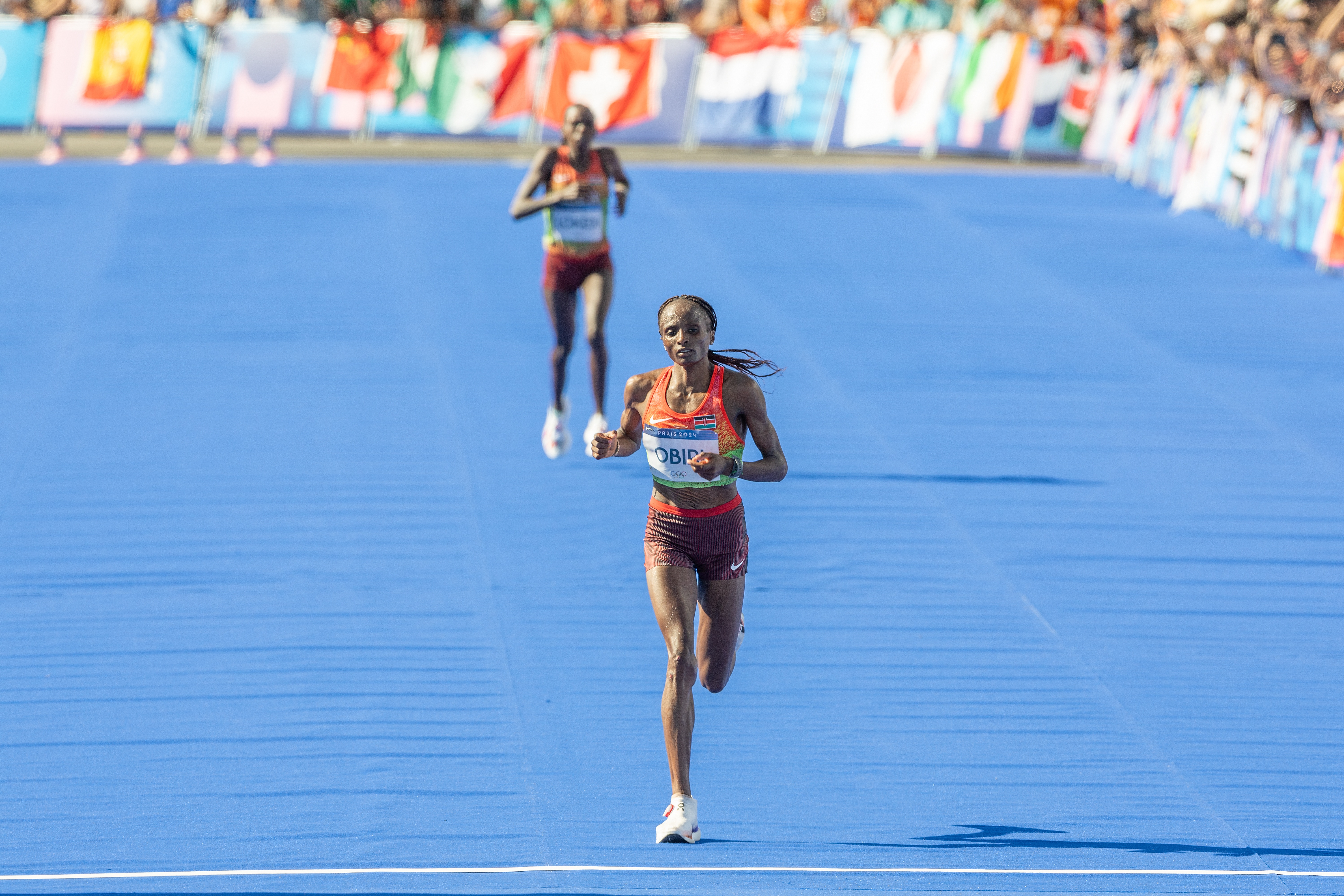 Hellen Obiri wears the new Lightspray sneaker from On at the 2024 Olympic Games in Paris. Image: Getty Images