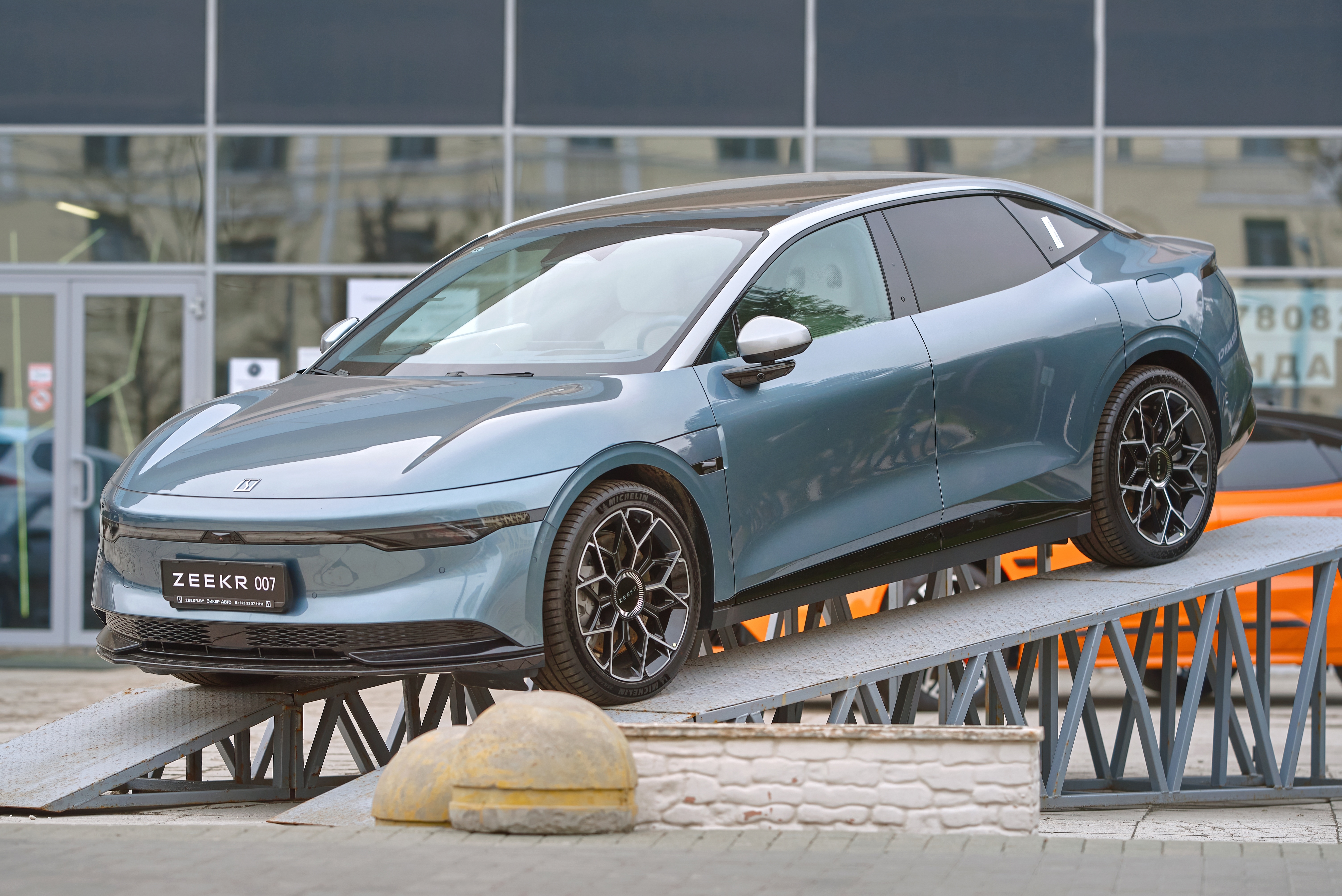 A Zeekr 007 parked on a car display ramp. The Geely-owned business is eyeing a listing in New York. Photo: Shutterstock