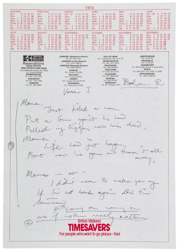 Freddie Mercury’s autograph working lyrics for Bohemian Rhapsody (c. 1974). © Queen, Sony Music Publishing UK Ltd Photo: Sotheby's