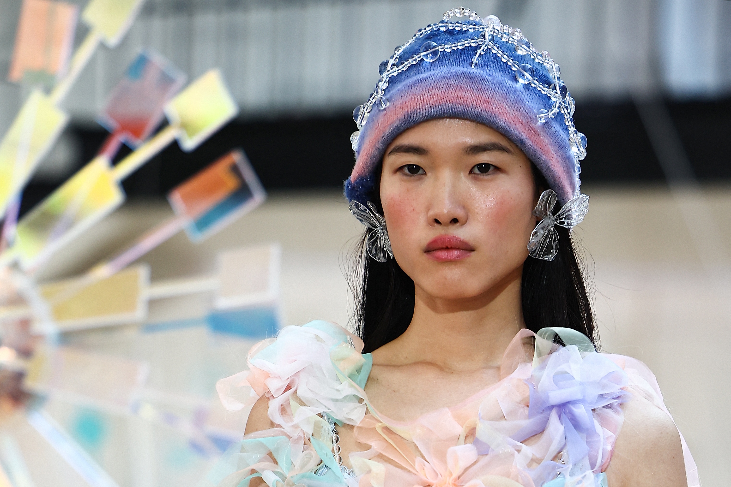 A model presents a creation by London-based designer Susan Fang during the Fall/Winter 2024 collection catwalk presentation during London Fashion Week in London on February 19, 2024. Image: Getty Images