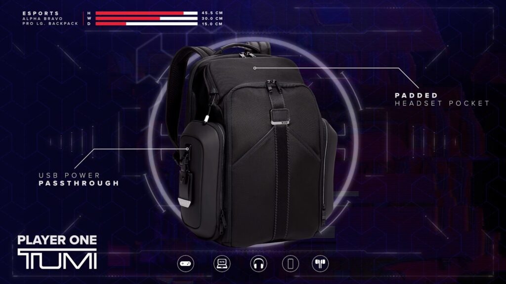 Luxury luggage brand Tumi's esports capsule is designed with gamers in mind, featuring built-in USB ports and dedicated headset pockets. Photo: Tumi