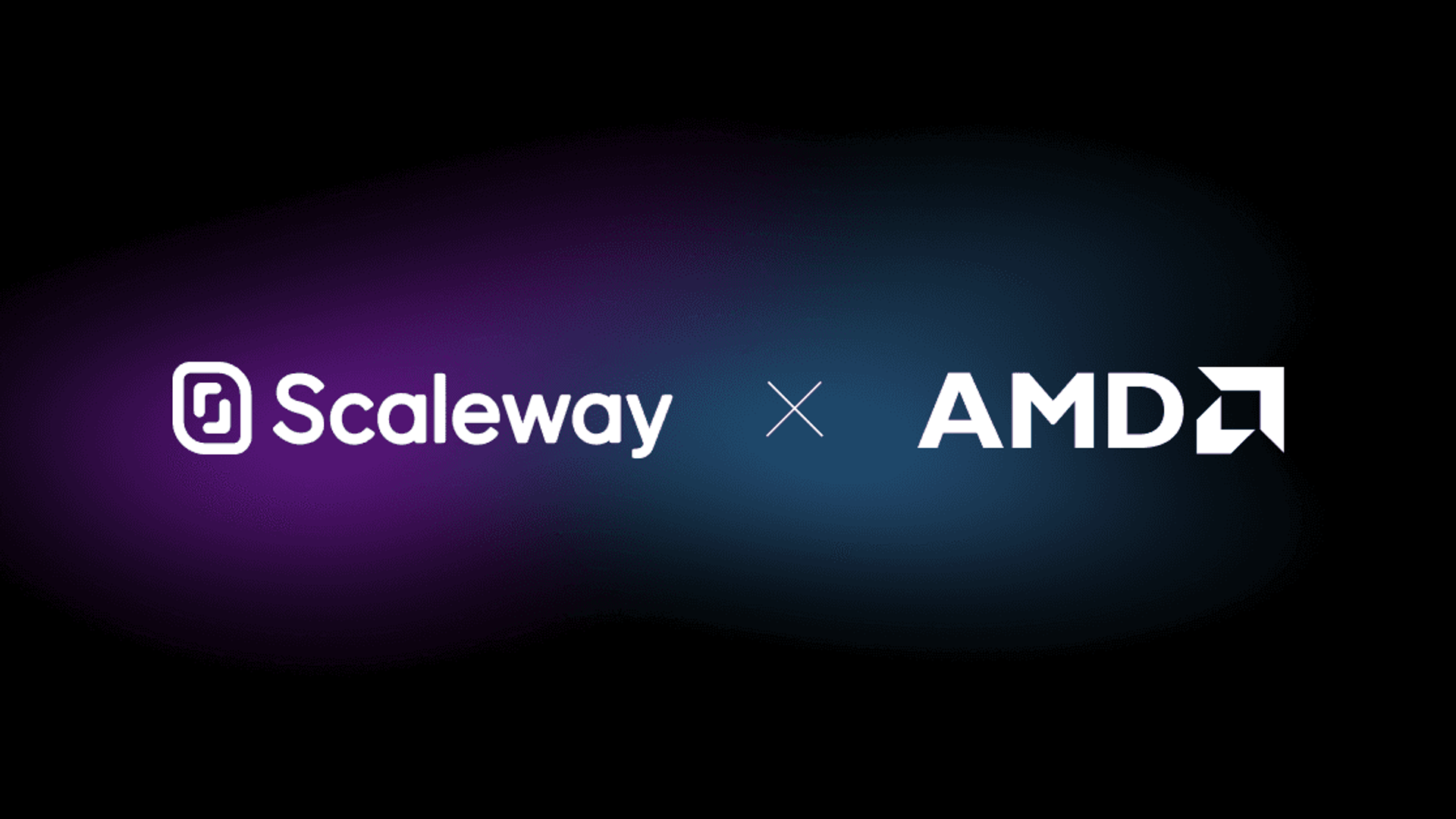 Scaleway ja AMD valged logod tumedal sinisel ja lillal taustal.