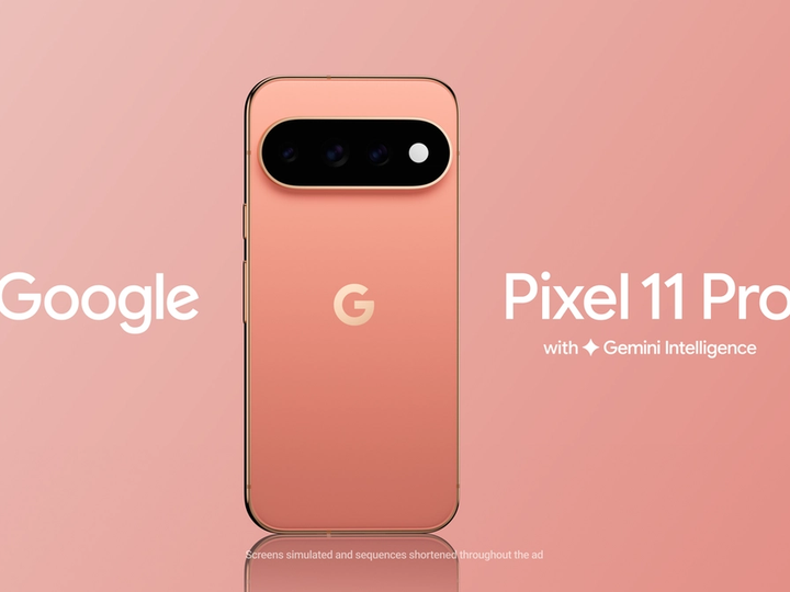 Koralltoonis Google Pixel 11 Pro tagakülg koos Gemini Intelligence’i kirjaga.