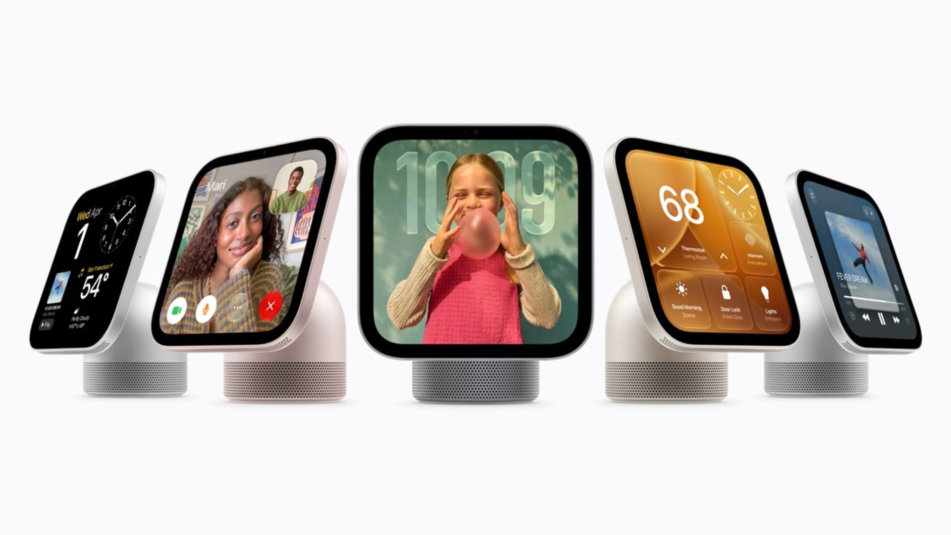 Apple HomeView’ ametlik tootefoto viie koduekraaniga valgel taustal.