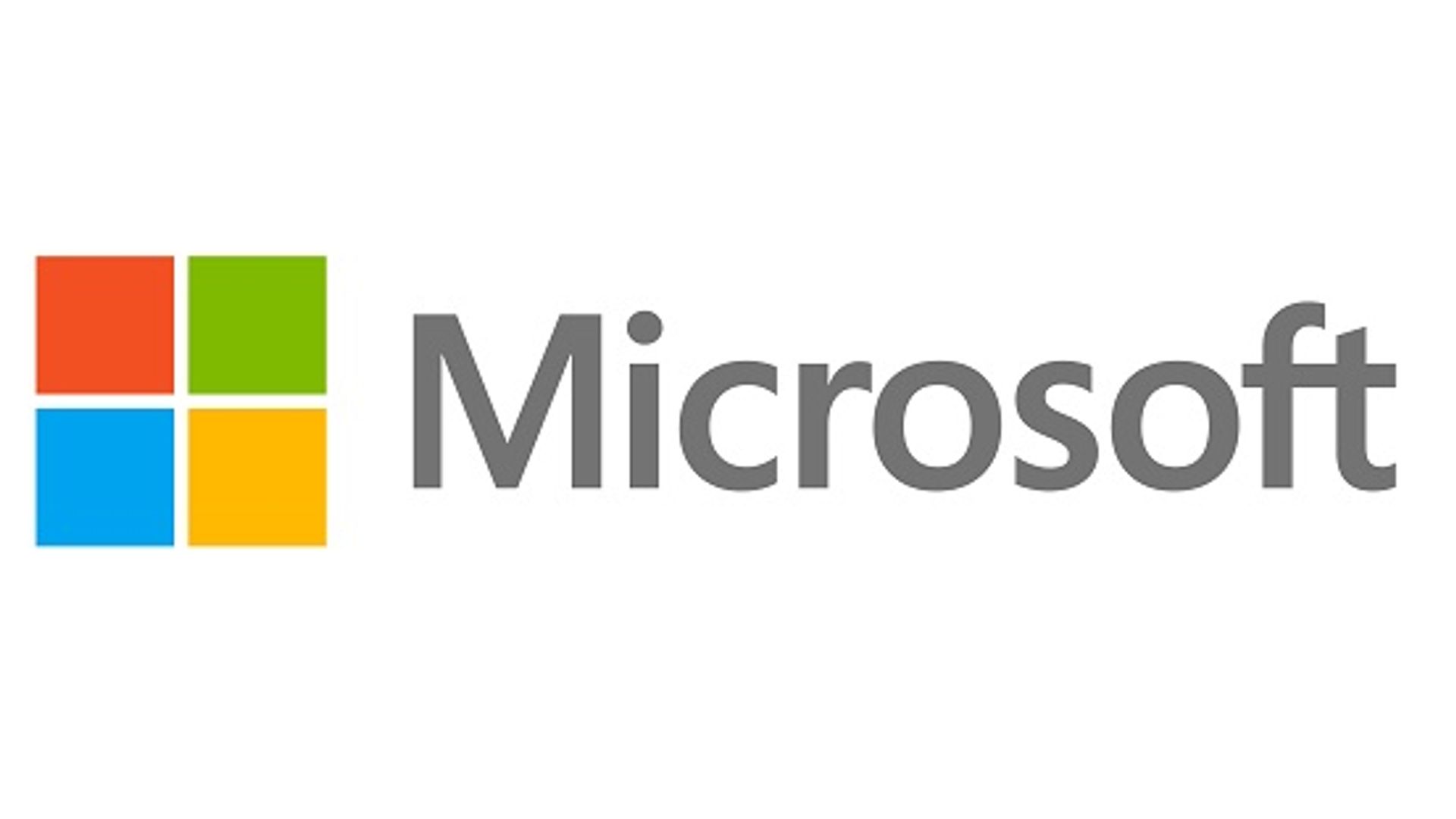 Microsofti neljavärviline ruudusümbol ja hall sõnamärk valgel taustal.