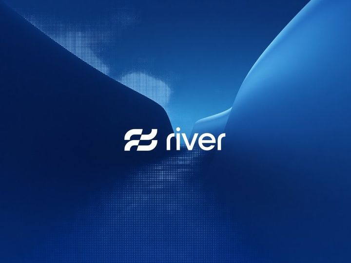 River AI valge logo abstraktsel sinisel taustal.