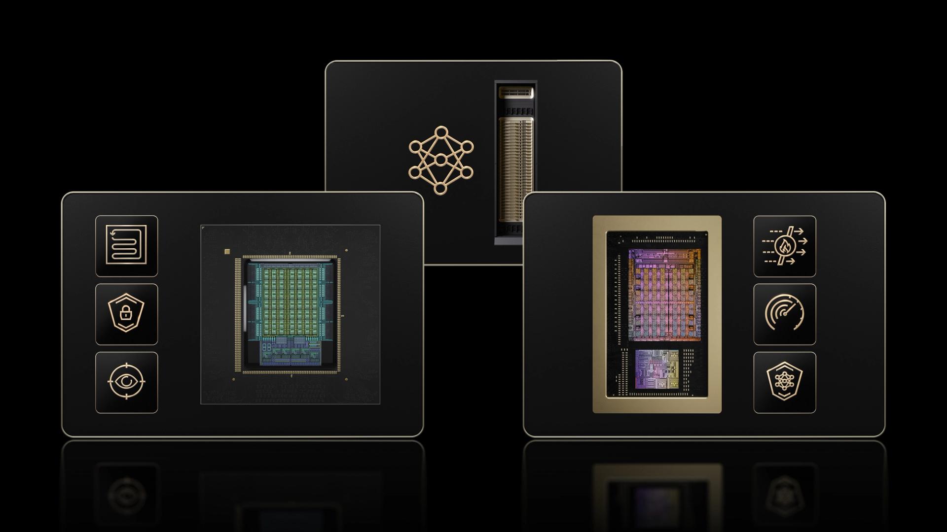 Nvidia OpenShelli tootegraafika kahe kiibi, serveri ja turvafunktsioone tähistavate ikoonidega.