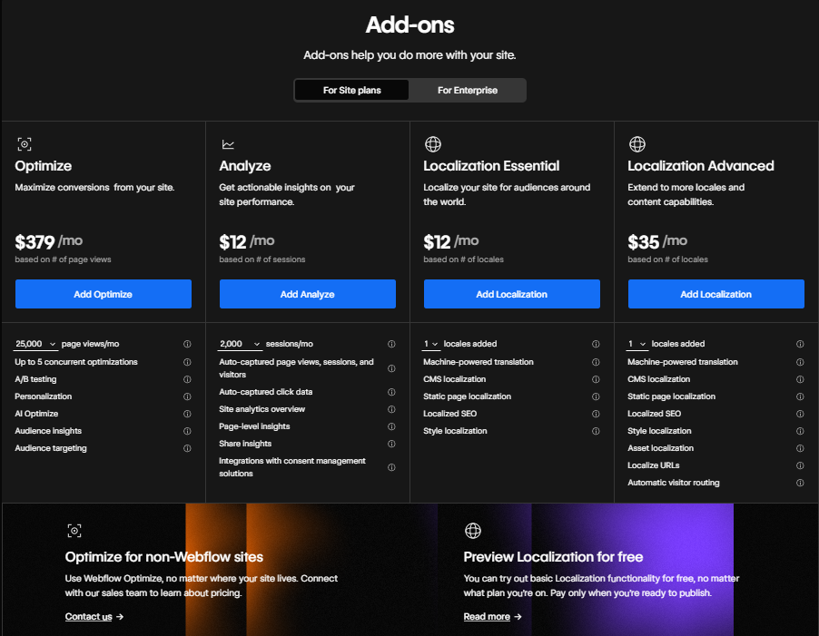 Übersicht der Webflow Add-ons