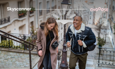 Two people walking, Skyscanner and CHOOOSE logos