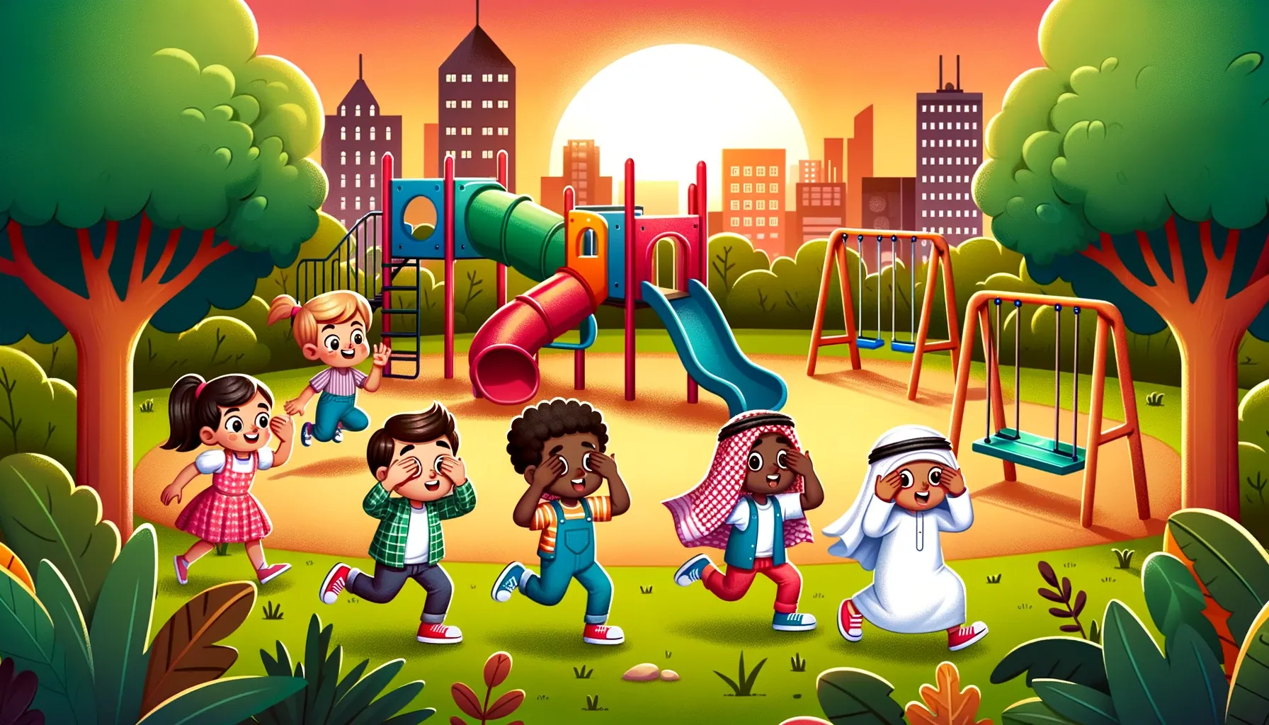 An illustration of a vibrant park setting during sunset with playground equipment. A group of kids is immersed in the game, with one counting and the others darting off to various corners of the park.