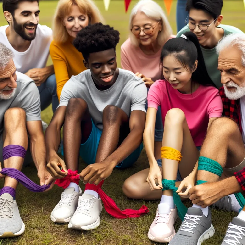 A photo depicting the preparation phase, where diverse pairs of participants are tying their legs together, chatting about their strategy on a grassy field.