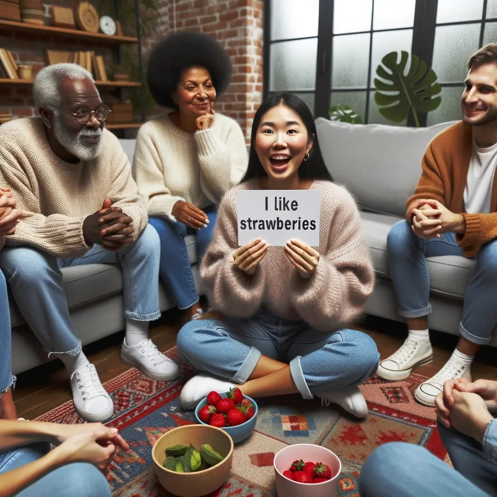 A cozy living room setting where a group of diverse players is seated in a circle, with one player animatedly sharing her preference about strawberries.