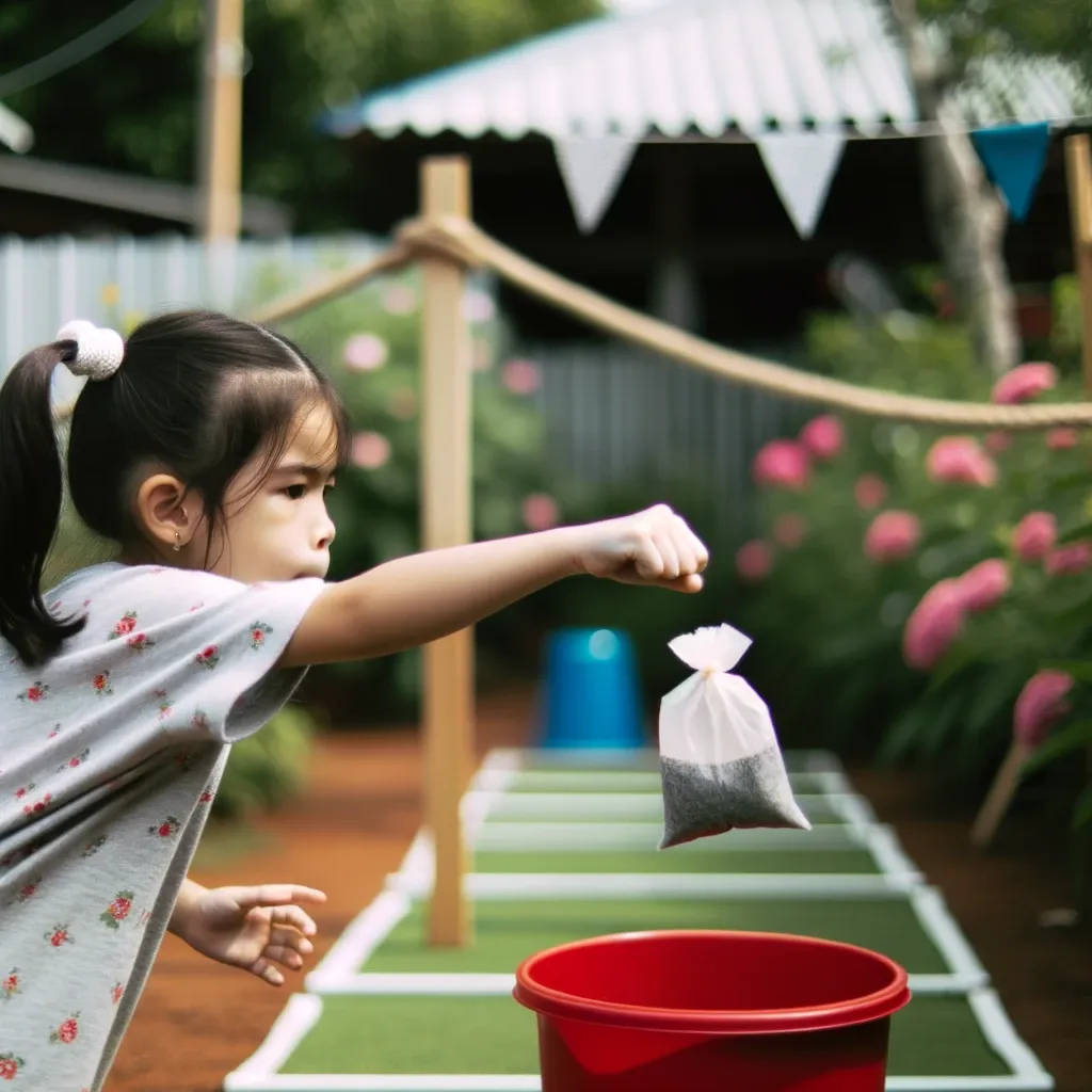 A captured moment of a young girl in a garden setting, intently focused on tossing a tea bag towards a target.