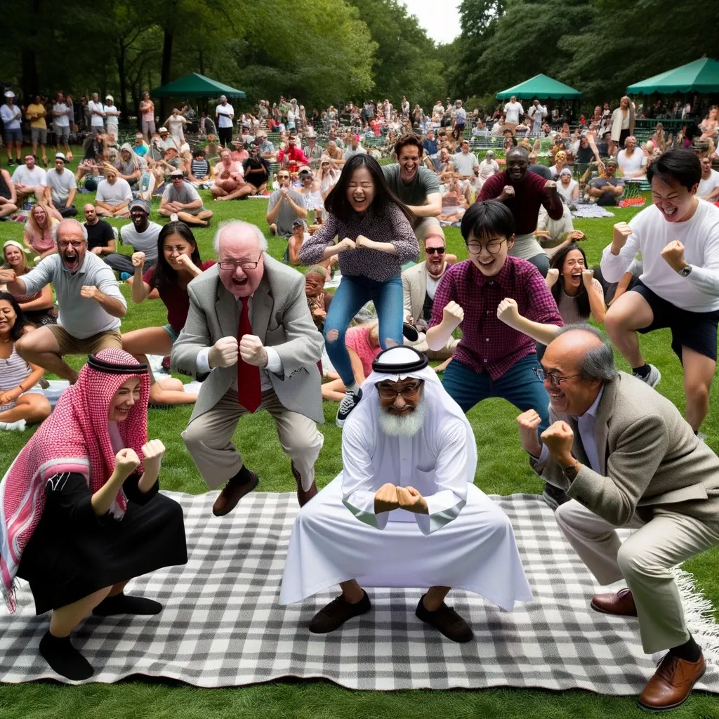 An outdoor park event capturing various players in comedic dance poses, with onlookers seated on picnic blankets enjoying the performance.