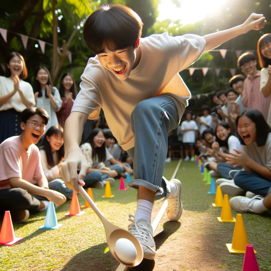 A sunlit garden scene with an Asian teenage boy enthusiastically participating, trying to navigate a path with colorful cones.