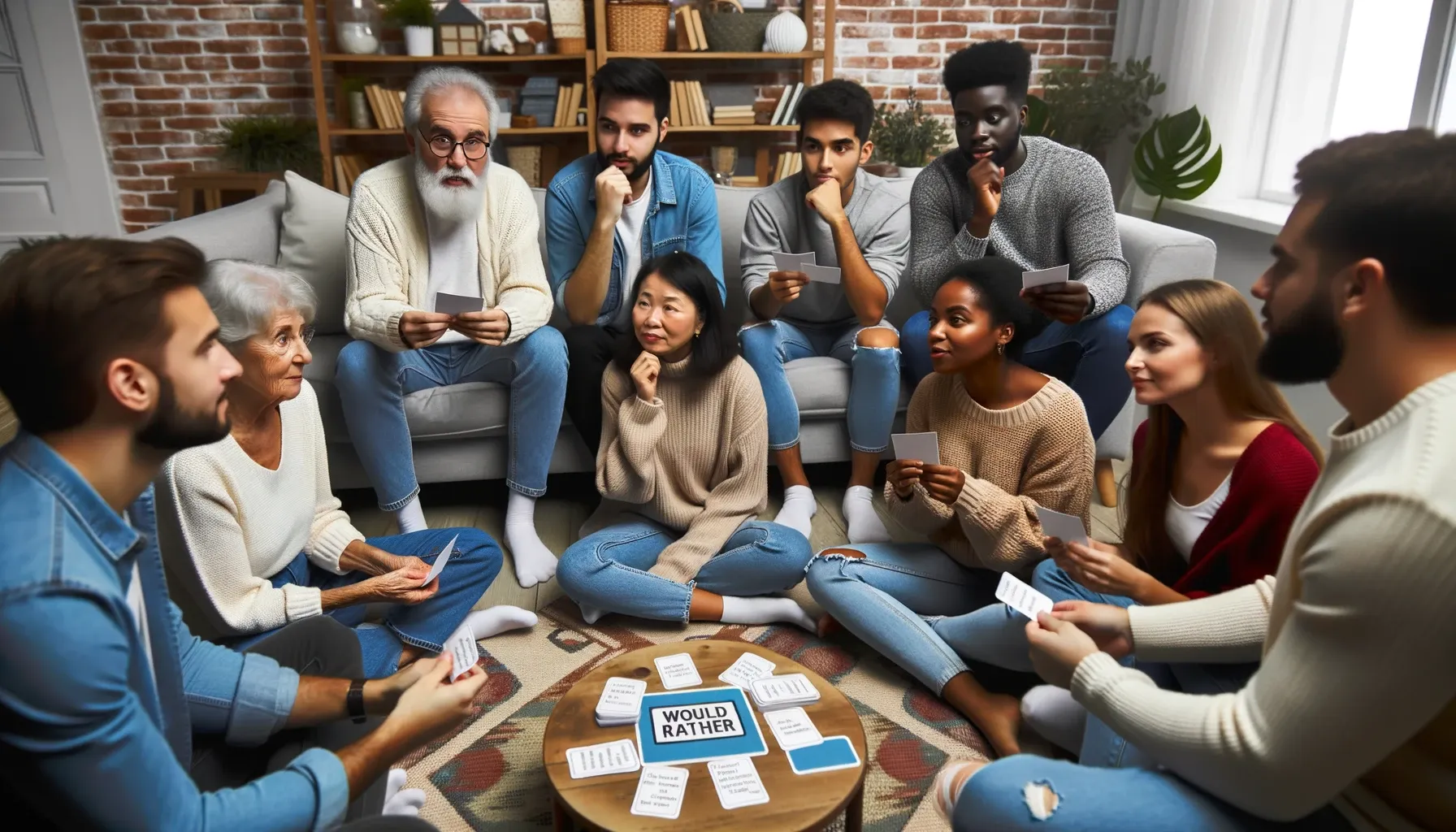 A cozy living room setting with a diverse group of friends and family members sitting in a circle, engrossed in the game.