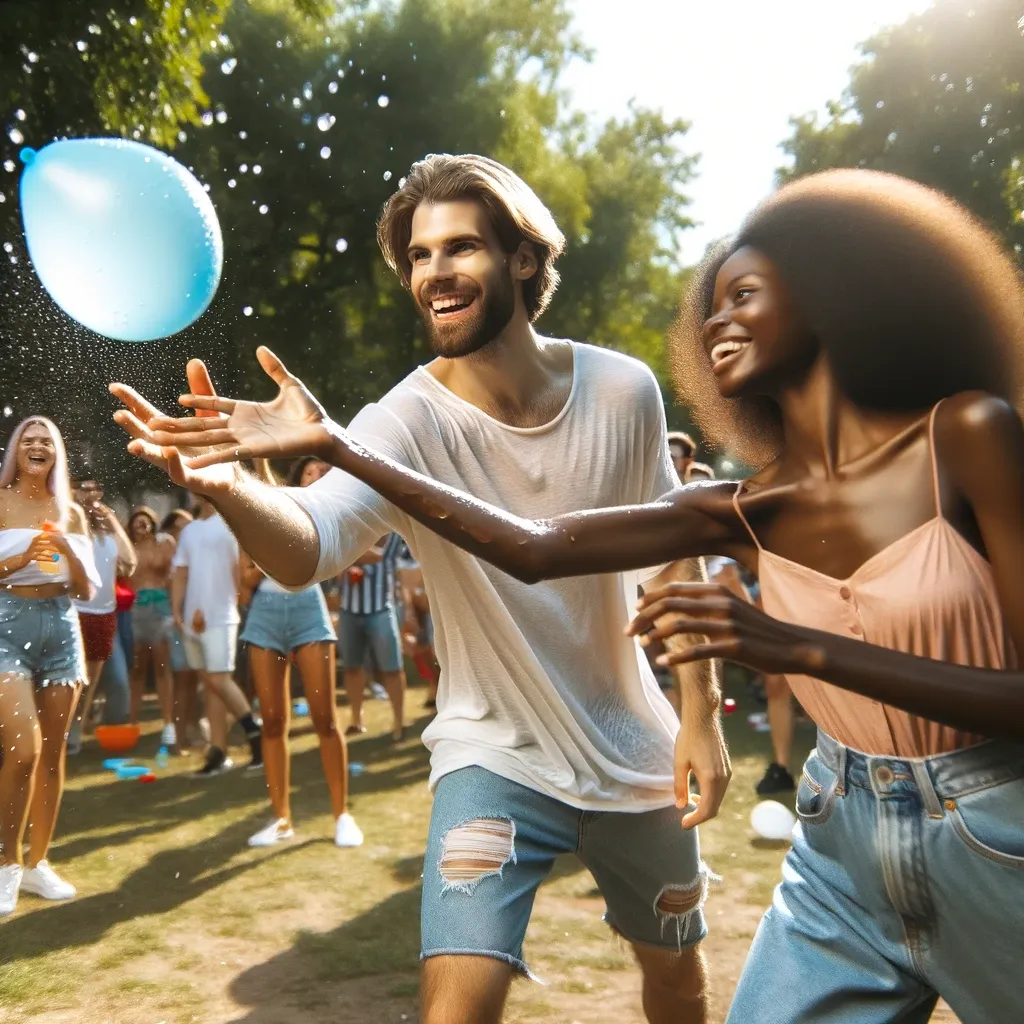 A sunny park scene with a Caucasian man and an African woman, with droplets hinting at a burst balloon, as onlookers enjoy the fun.