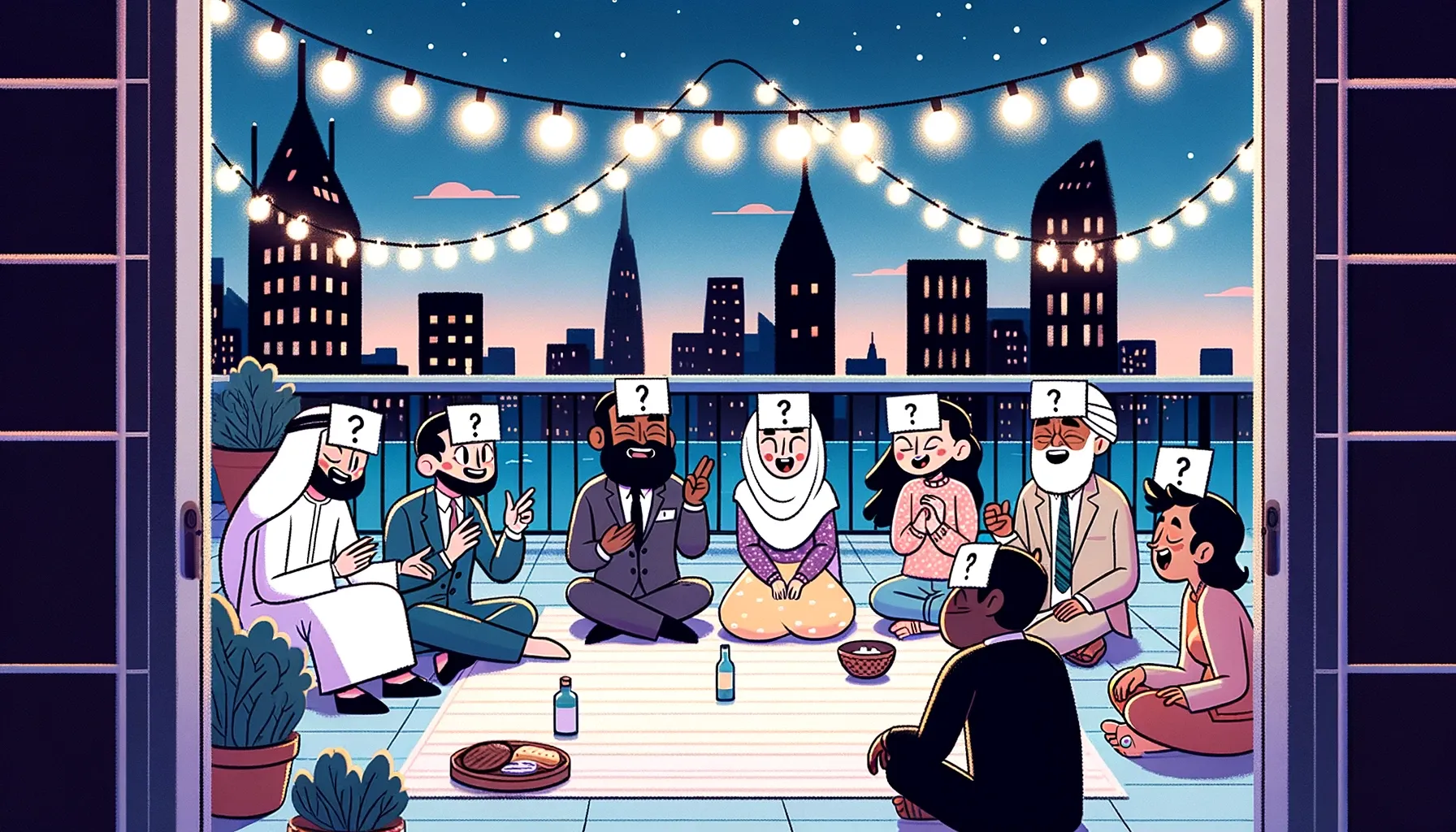 An illustration of a rooftop terrace at dusk where friends are deep in a 'Who Am I?' session.