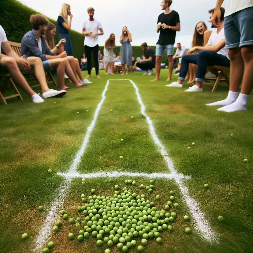 An outdoor setting with a chalk line on the grass, peas scattered around, and players in the background waiting for their turn.