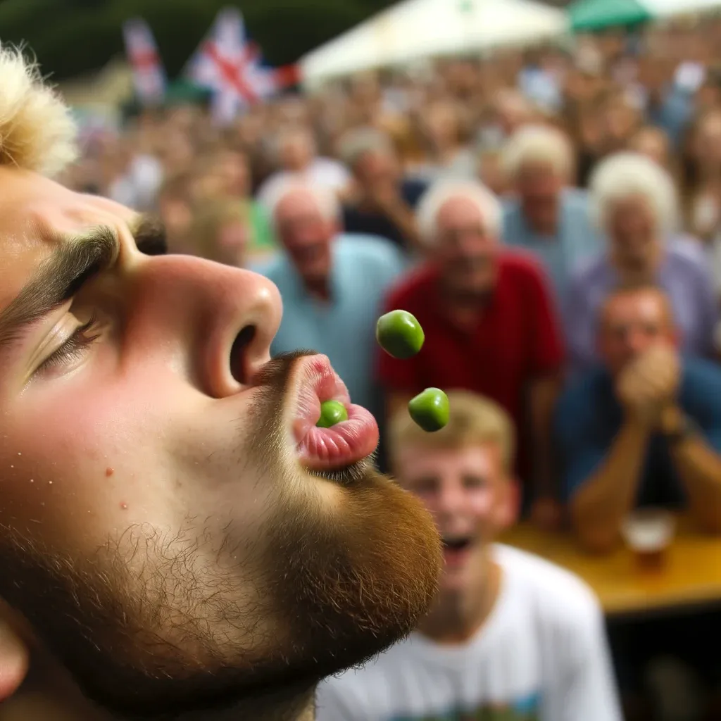 A close-up of a player poised to spit out a pea, with enthusiastic spectators in the backdrop.