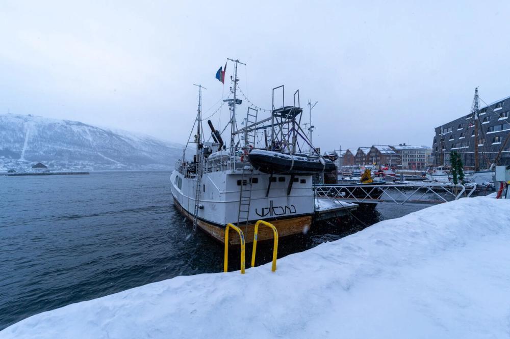 Ein Fischkutter liegt im Schneetreiben am Kai von Tromsø, im Hintergrund die schneebedeckten Berge der Insel.