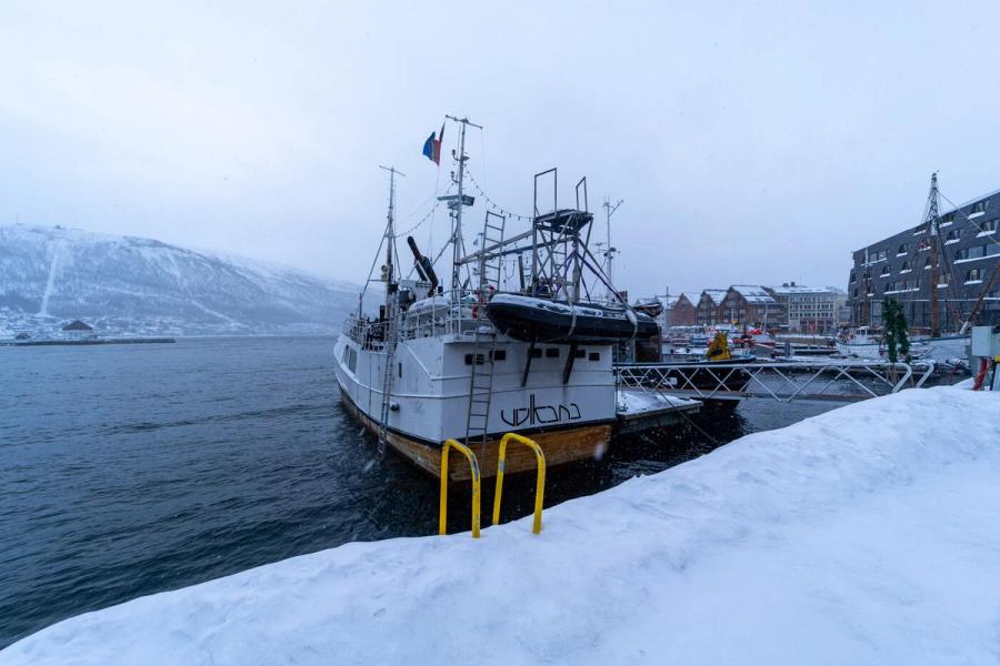 Hafen von Tromsø im Schneetreiben