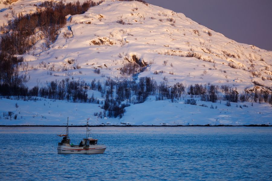 Fischkutter vor verschneiter Insel