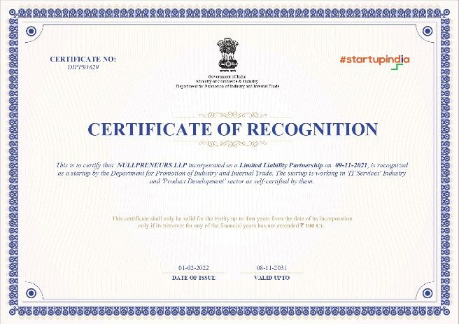 Startup India recognition certificate of Stacknyu 