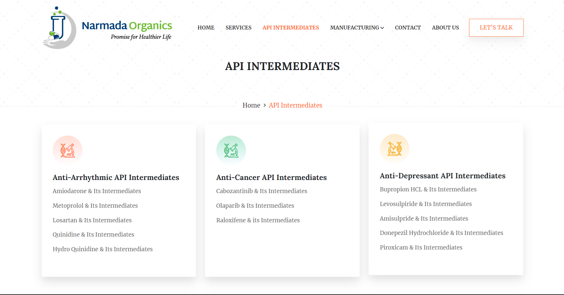 Narmada Organics Service page screenshot