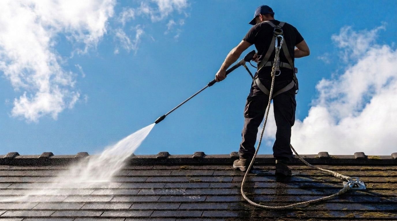 Nicholas power washing a tiled roof against a blue sky