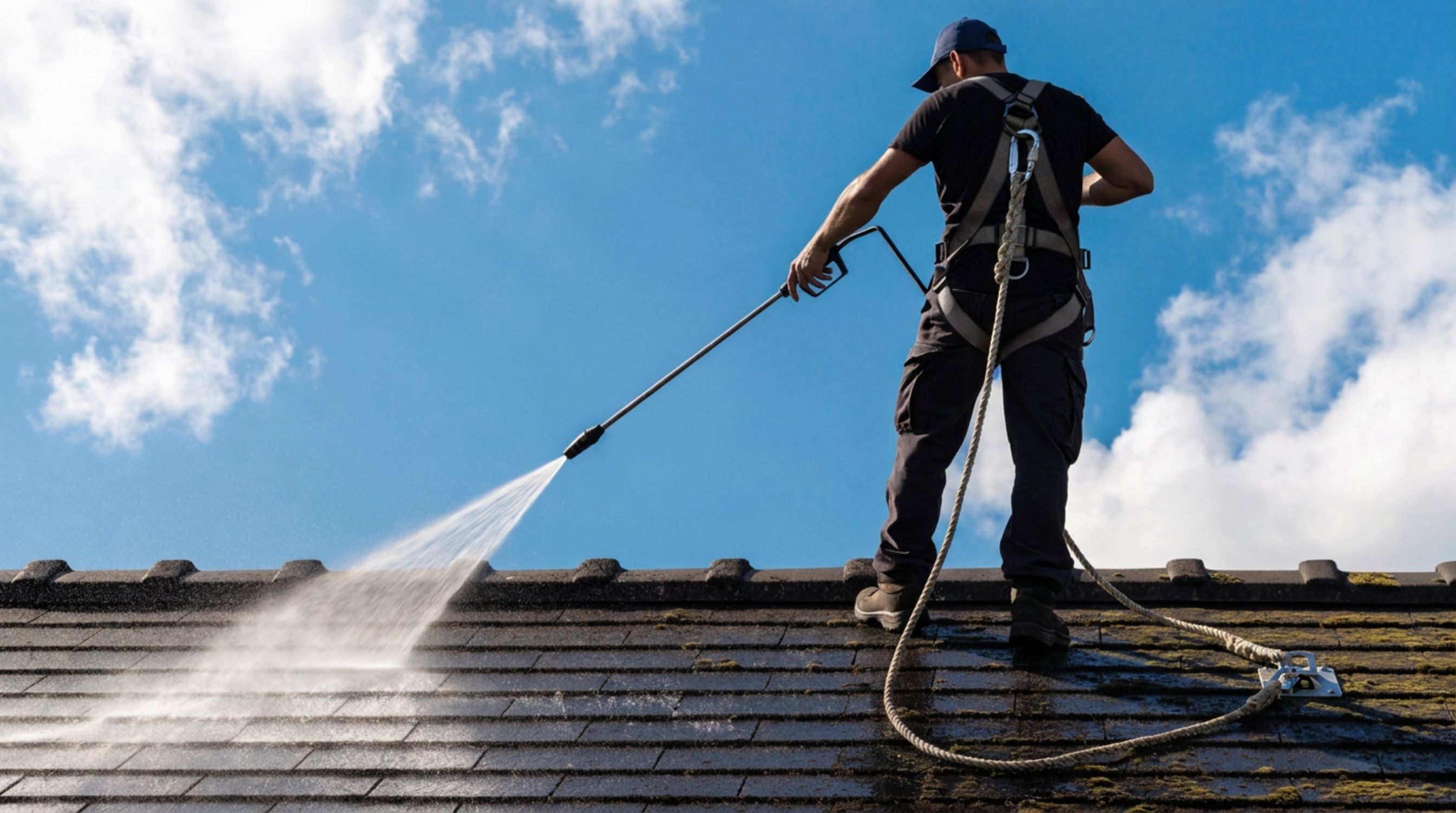 Nicholas power washing a tiled roof against a blue sky