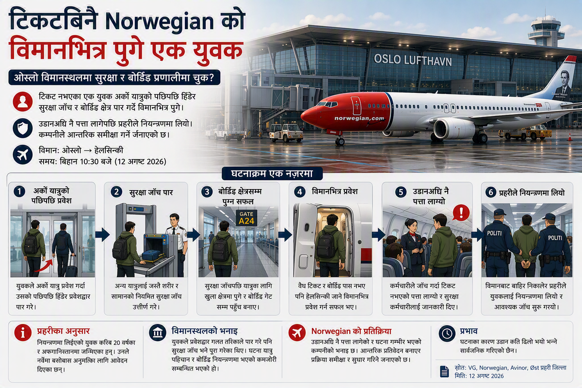ओस्लो विमानस्थलमा टिकटबिनै Norwegian को विमानभित्र पुगेको घटनाको छ चरणमा व्याख्या गरिएको समाचार ग्राफिक्स Vis flere linjer